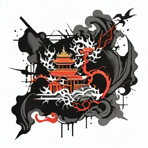 Temple And Dragon Intertwined