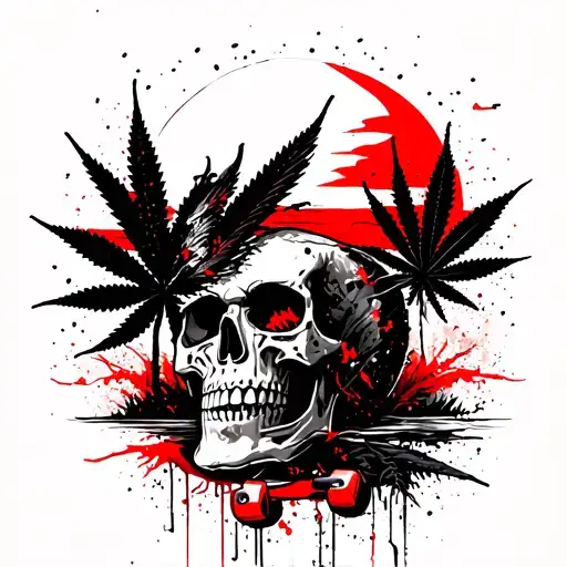 Skull And Skateboard And Abstract Trees And Sunset And Cannabis Leaf And Phoenix