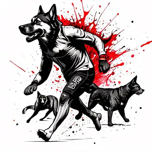 Guy Running Along Side Two American Akitas With Cats On The Dogs