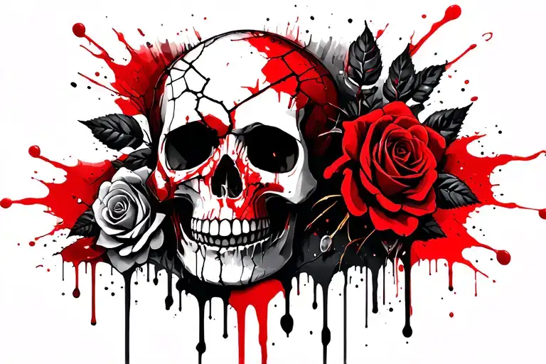 Cracked Bleeding Skull With Roses Underneath It
