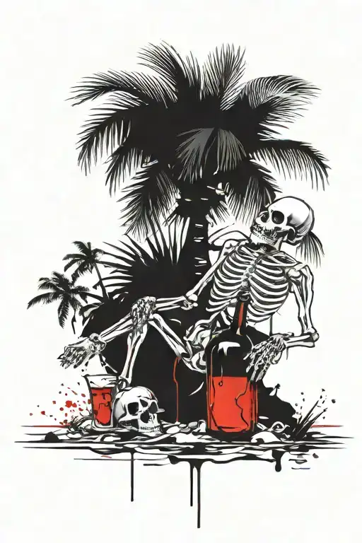 Sea With Beach And Skeleton Drinking Rum Sitting Next To The Palm Tree
