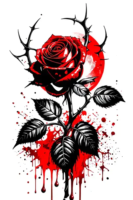 Long Stem Rose With Thorns Dripping Blood With A Moon In The Background