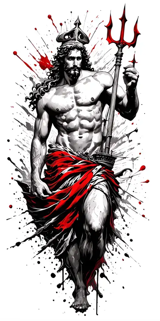 Poseidon Holding A Trident And Sinking Ship Sailing Through A Sea