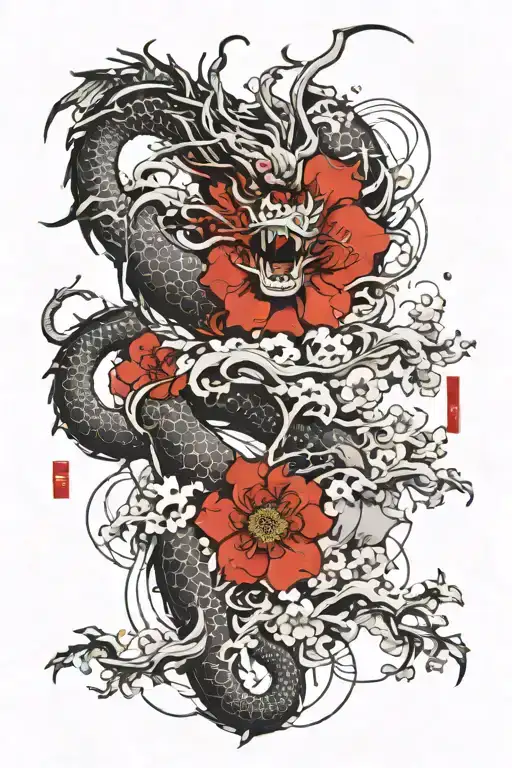 Japanese Dragon And Flowers