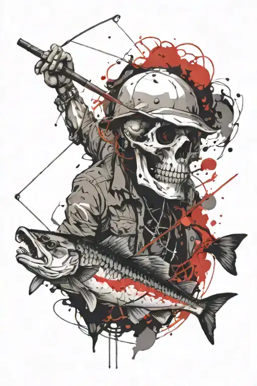 Skull Fisherman Casting His Line Catching A Fish