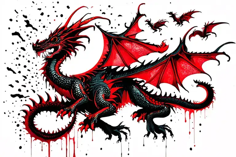 Dragon With Moon And 4 Small Dragons Flying