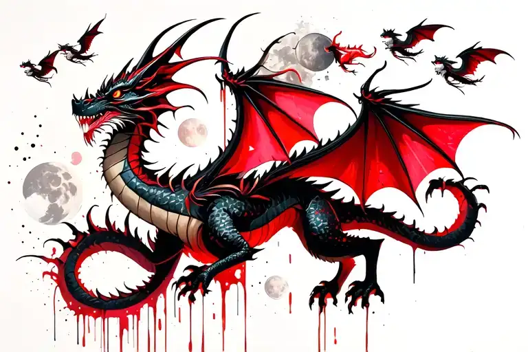 Dragon With Moon And 4 Small Dragons Flying