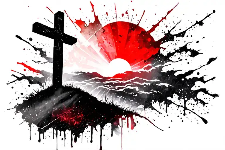 Cross On Hill At Sunrise With Sunlight Coming Through Clouds