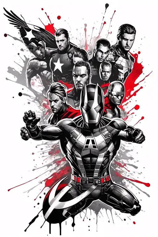 Design A Tattoo Featuring A Collage Of Different Avengers Characters In A Blackwork Style