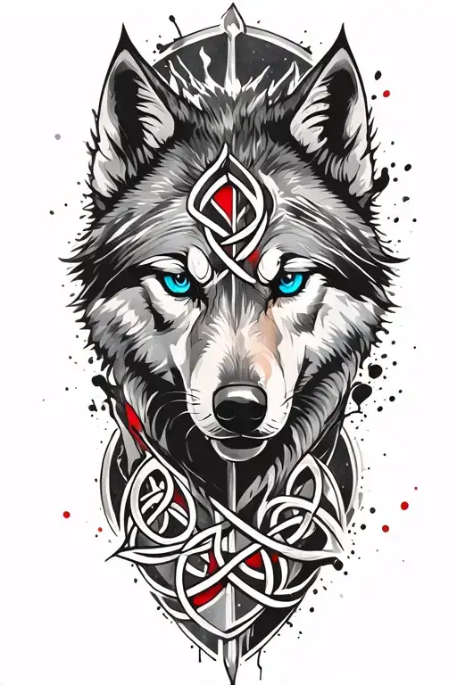 Wolf With Blue Eyes On Armor Tattoo Design Featuring Celtic Trinity Knot