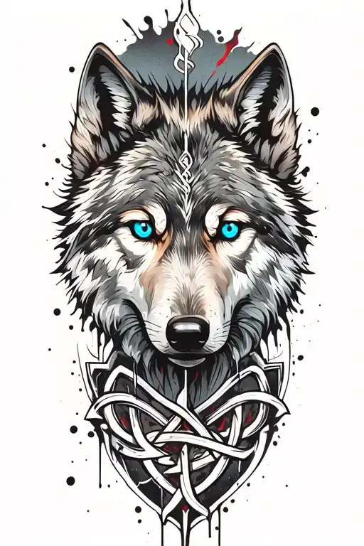 Wolf With Blue Eyes On Armor Tattoo Design Featuring Celtic Trinity Knot