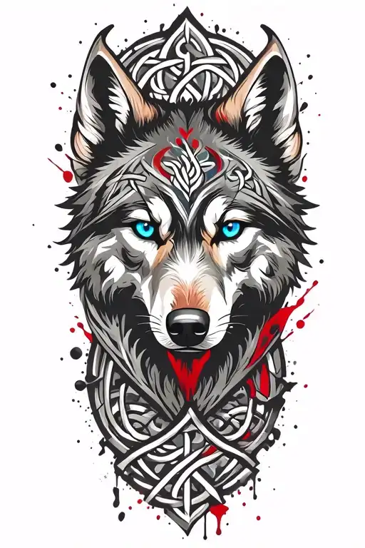 Wolf With Blue Eyes On Armor Tattoo Design Featuring Celtic Trinity Knot