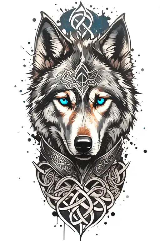 Wolf With Blue Eyes On Armor Tattoo Design Featuring Celtic Trinity Knot