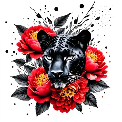 Black Panther Animal Surrounded By Peonies In A Dotwork