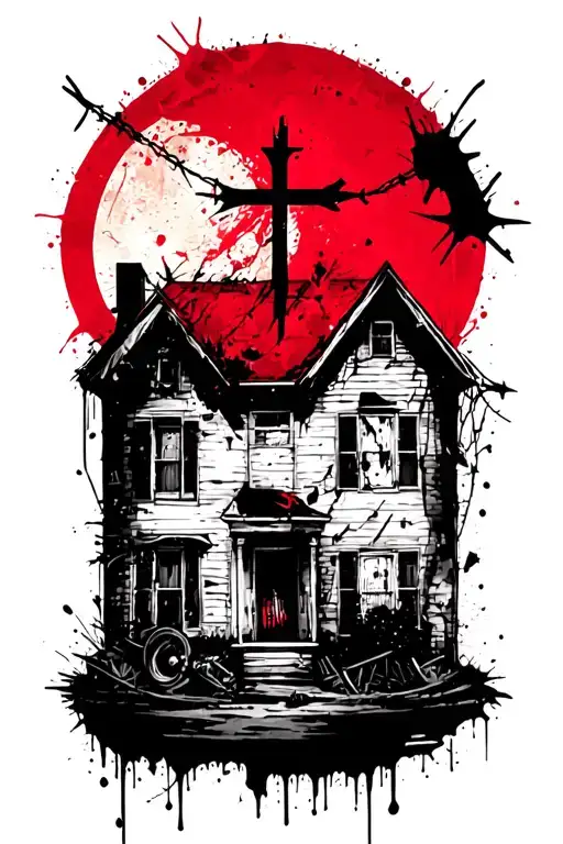 House Of Rising Sun With A Cross In Front With Barbed Wire Spool On It