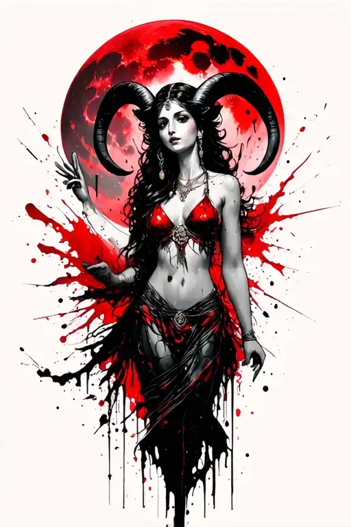 Aries Goddess Holding Red Moon