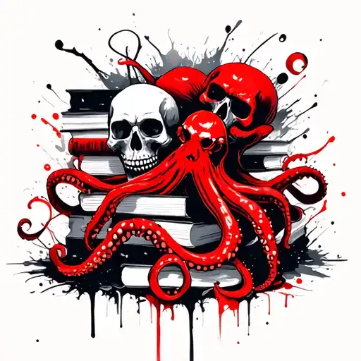 Pile Of Books With Skulls And Octopus Around