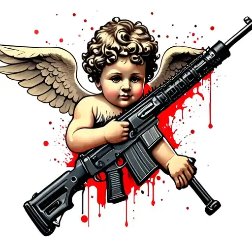 Cherub Holding Ar-15 In Neo Traditional Style Tattoo idea
