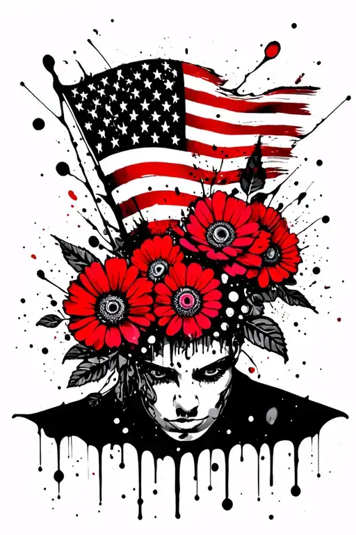 Flowers Intertwined American Flag Waving