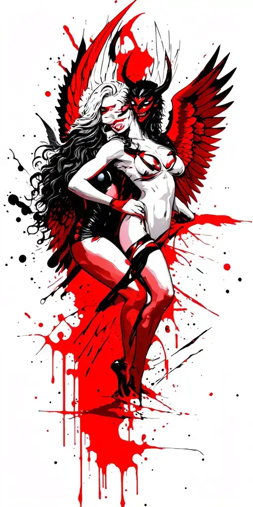 1 Sexy Female Angel In White Fighting 1 Sexy Female Demon In Black