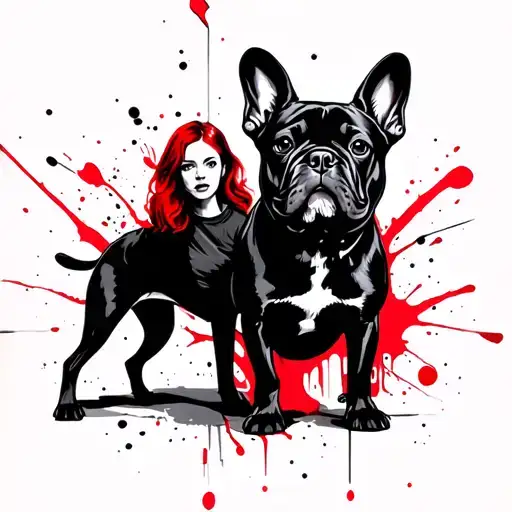 A Redhead Young Woman Standing Next To A Black French Bulldog