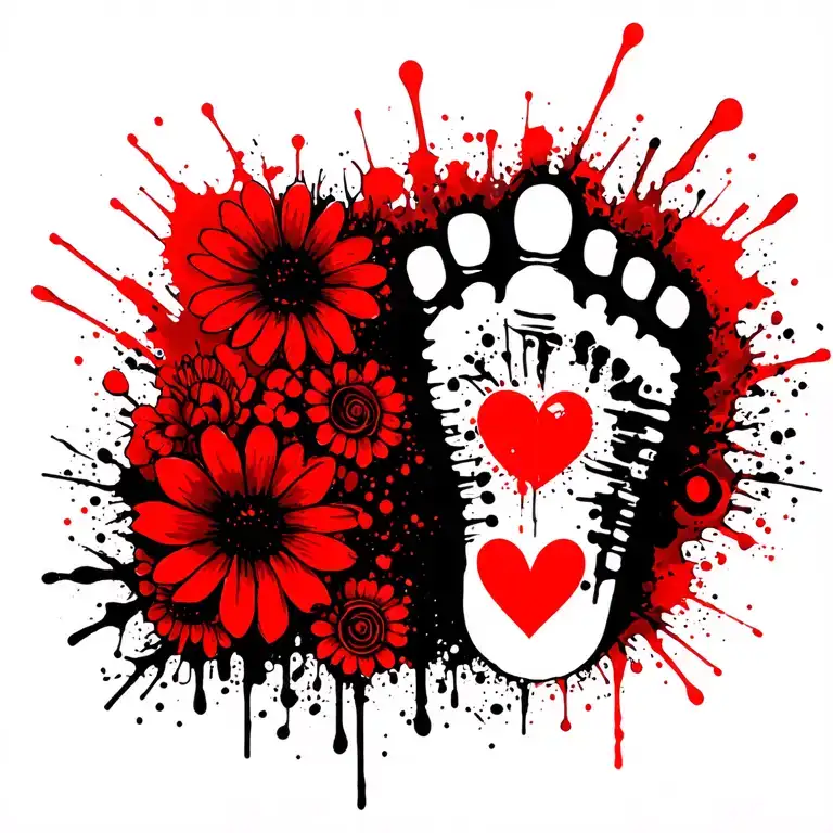 Baby Foot Print With A Red Heart And Flowers