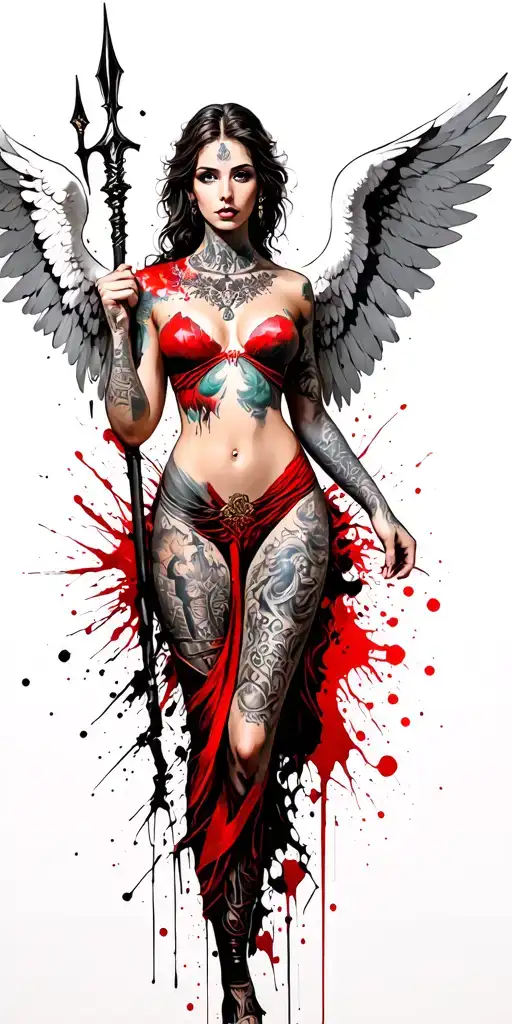 Tattooed Sexy Angel With Large White Wings Holding A Spear Full Body