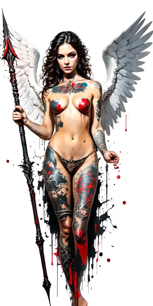 Tattooed Sexy Angel With Large White Wings Holding A Spear Full Body