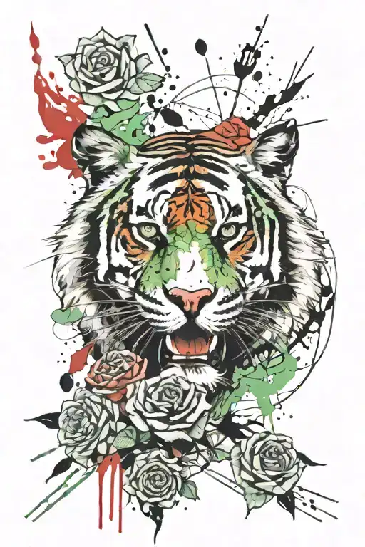 Tiger With Green Eyes And Roses And A Dog Paw Print