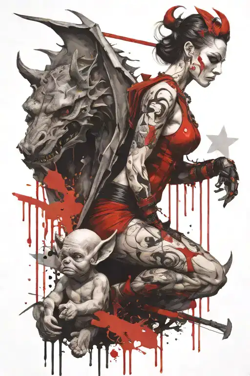 Female Gargoyle Warrior With Her Toddler