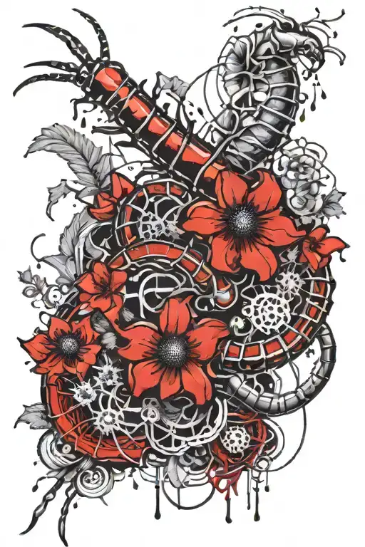 Black And White Centipede Wrapped Around A Red Higanbana Flower