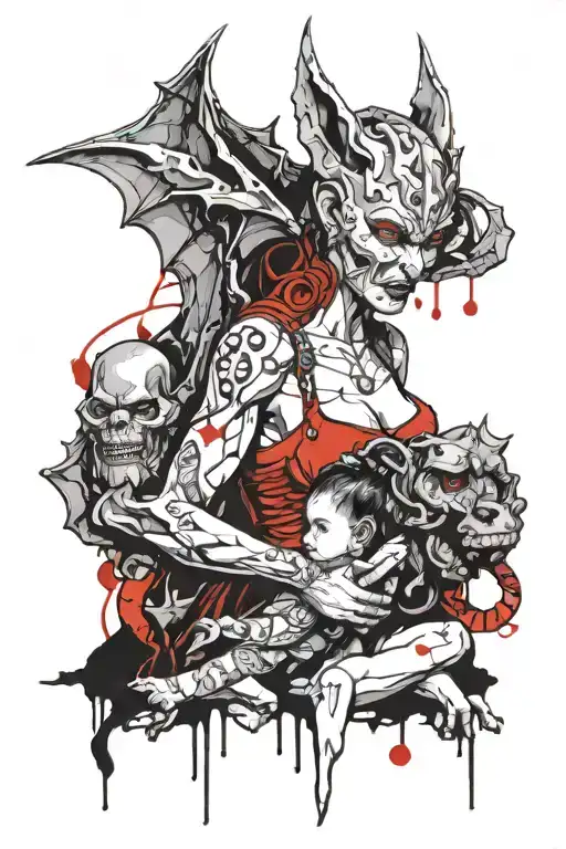 Female Gargoyle Warrior With Her Toddler