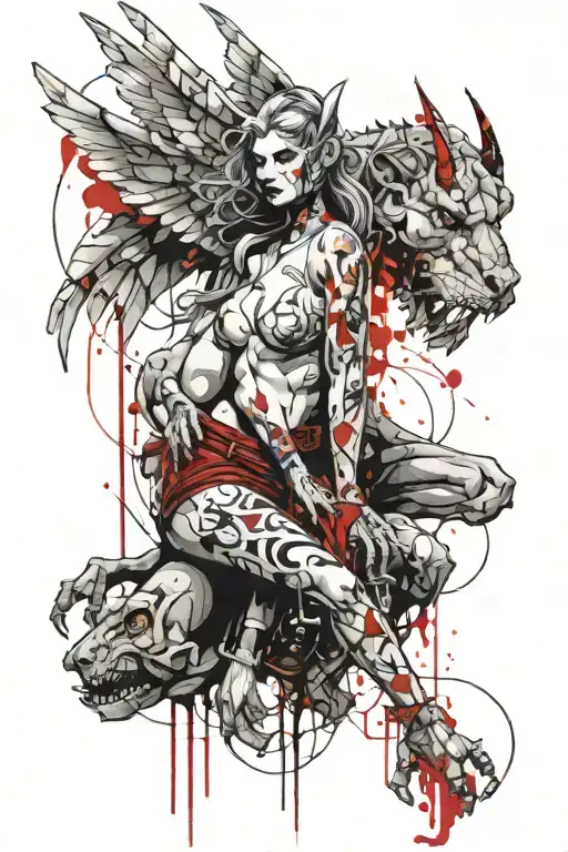 Female Gargoyle Warrior With Her Toddler