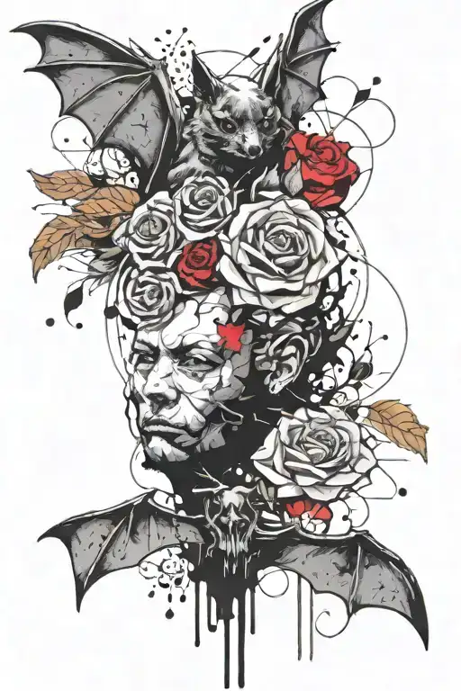 A Tatto With A Focus On A Bat With A Single Rose Intertwined With Hearts