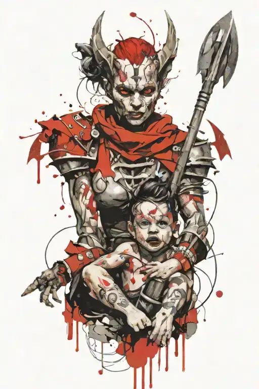 Female Gargoyle Warrior With Her Toddler