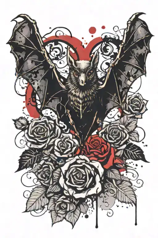 A Bat With His Skeletom And Heart Exposed And A Rose On The Background