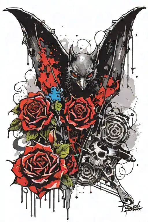 A Bat With His Skeletom And Heart Exposed And A Rose On The Background