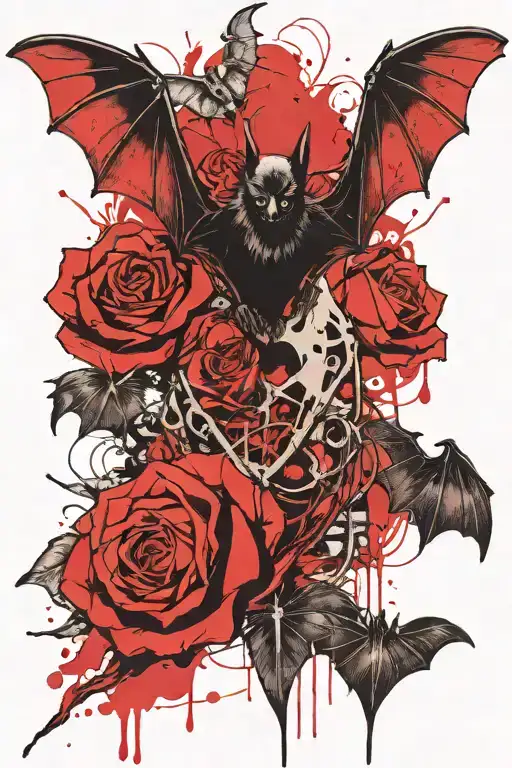 Bat With His Skeleton Exposed Heart Seen And With A Rose Behind The Bat