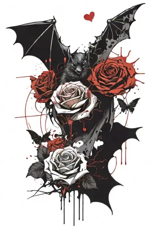 Big Bat With Rose Intertwined With Hearts