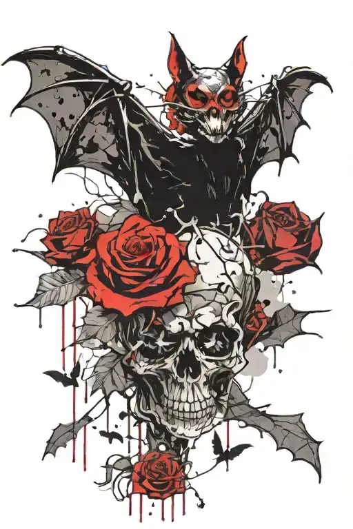 Bat With His Skeleton Exposed Heart Seen And With A Rose Behind The Bat