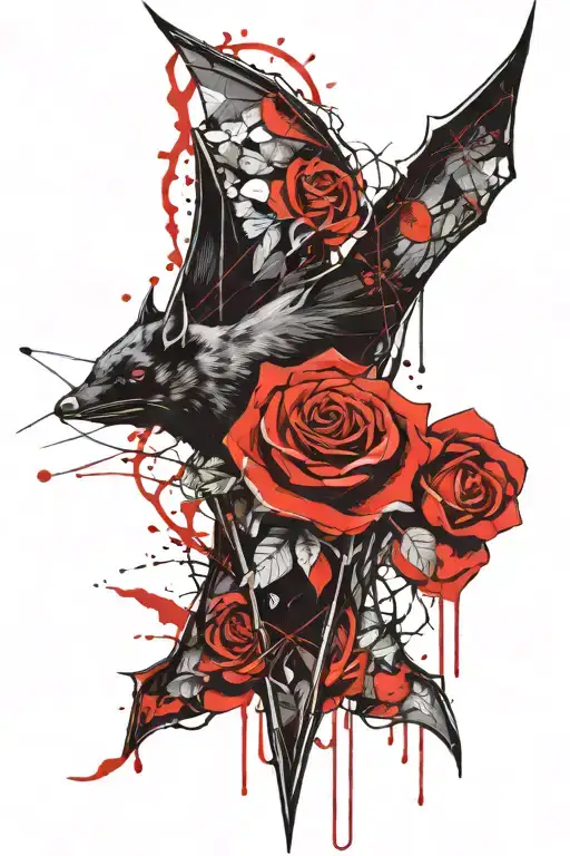 Big Bat With Rose Intertwined With Hearts