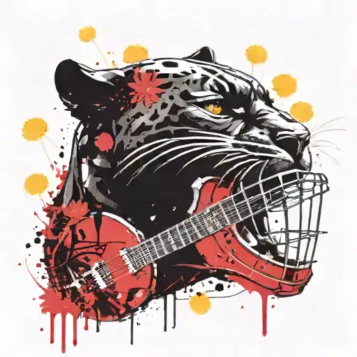 Surrounded By Dandelions There Is A Black Panther Animal Playing A Guitar With A Football Helmet