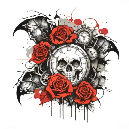 Skull With Clock And Rose