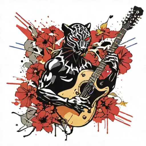 Surrounded By Dandelions There Is A Black Panther Animal Playing A Guitar With A Football Helmet