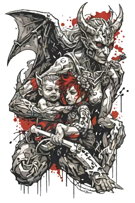 Female Gargoyle Warrior With Her Toddler