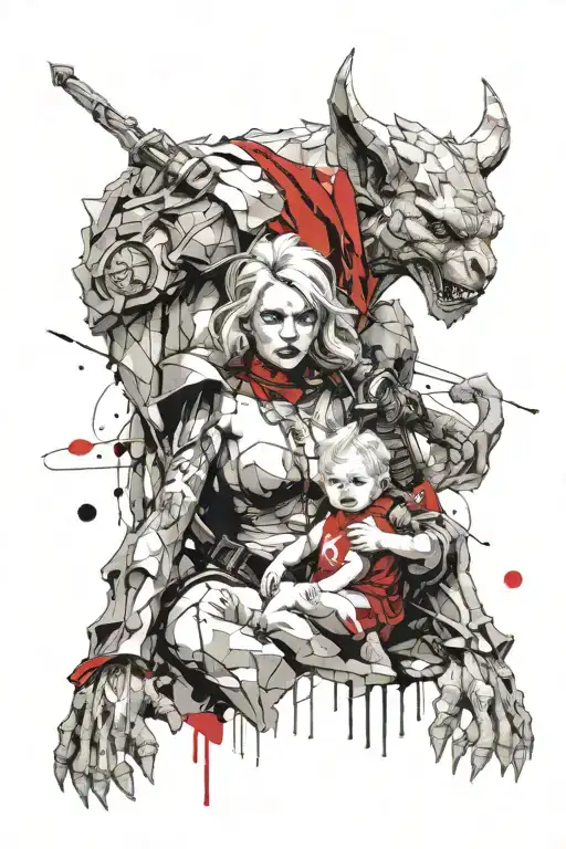 Female Gargoyle Warrior With Her Toddler