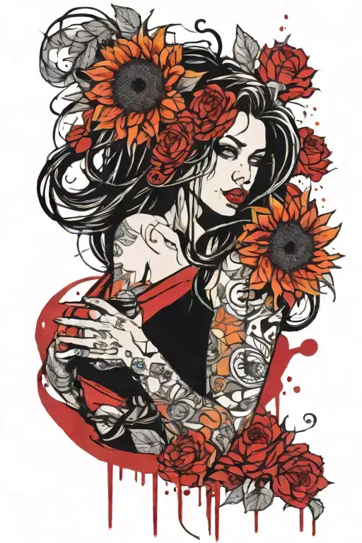 Sexy Disney Villian Pinup Girl With Long Hair And Sunflowers