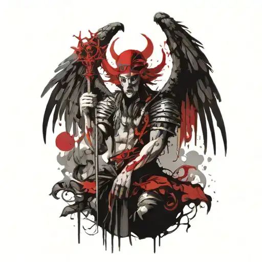 Stylized Scary Archangel Lucifer With A Creepy Jester In A Red Cap With Bells