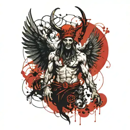 Scary Archangel Lucifer With A Creepy Jester In A Red Hat With Bells