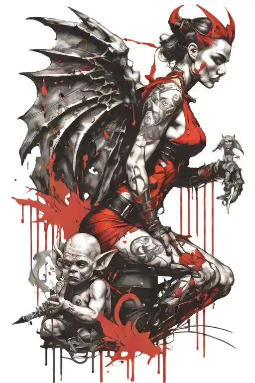 Female Gargoyle Warrior With Her Toddler